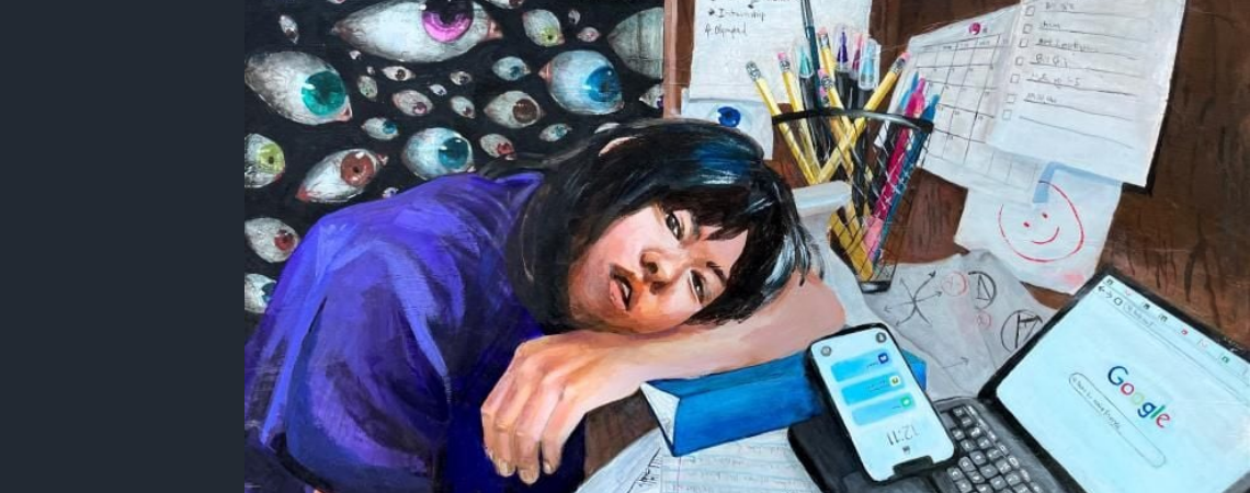 Drawing of student with head on desk amidst books, papers, and computer