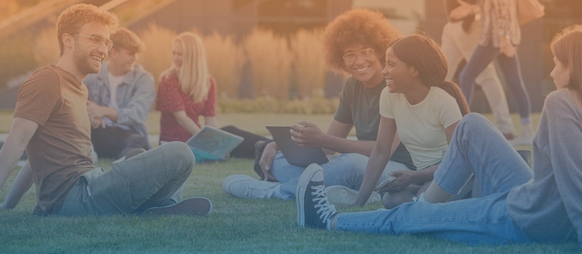 Group of young people in conversation sitting outside in a grassy area