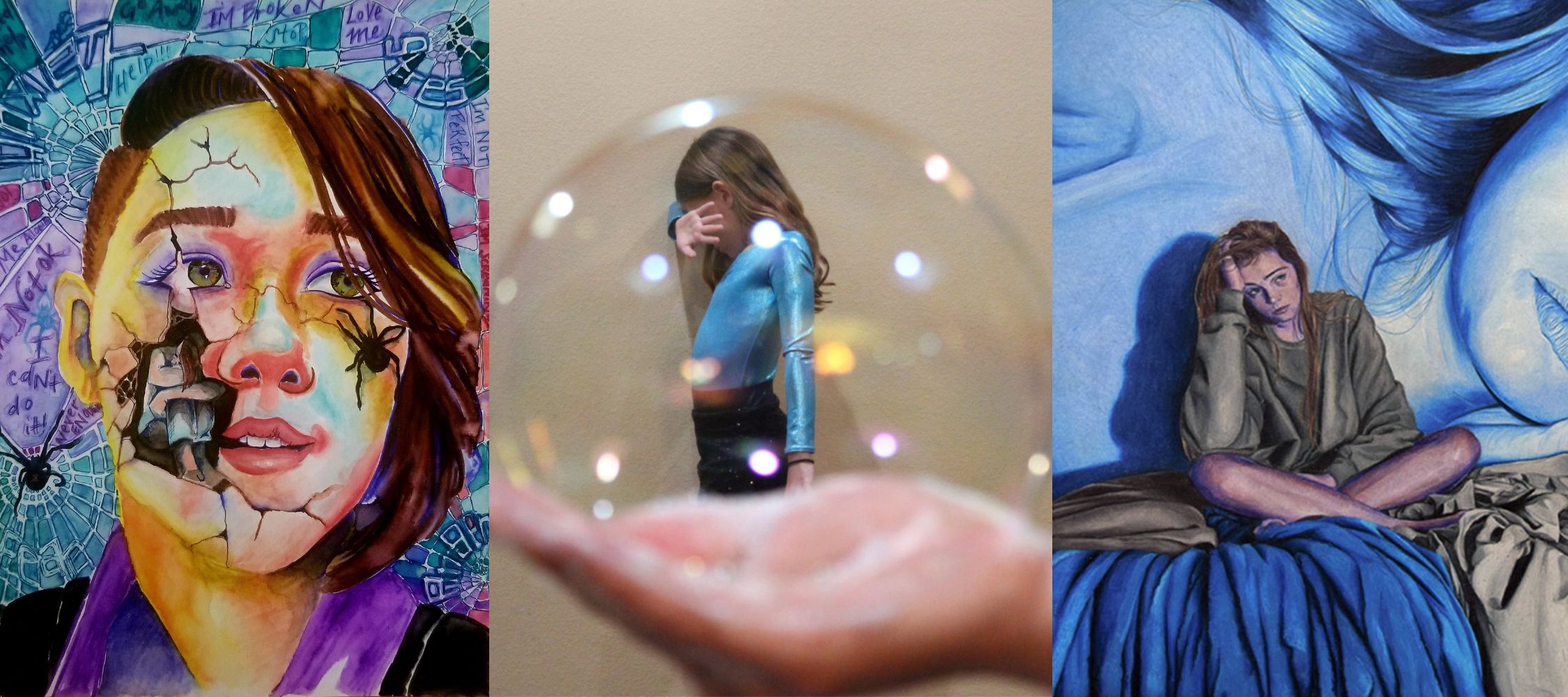A preview of three artworks from participants in 2023's art contest